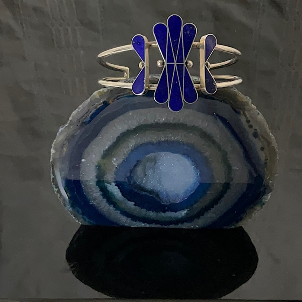 Vtg.SW NativeAmericanIndian Sterling Silver Cuff With Natural Lapis Gemstone. - Picture 2 of 5